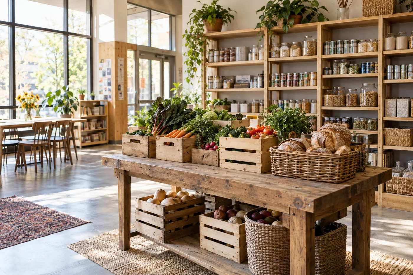 AI-generated welcoming community pantry with fresh produce, shared tables and sunlit shelves